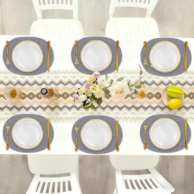 Oval Woven Placemats Set of 6, Boho Cotton Rope Braided Table Mats, 17x13 Inches Non Slip Heat Resistant Place Mats for Dining Room, Thick Hot Pads for Farmhouse Kitchen Table Decor. (Gray)