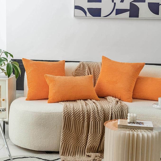 Home Brilliant Orange Pillow Covers 12x20 Lumbar Throw Pillow Covers Rectangular Striped Corduroy Plush Summer Decorative Pillow Cover for Couch, Set of 2, 12 x 20 inch, Orange