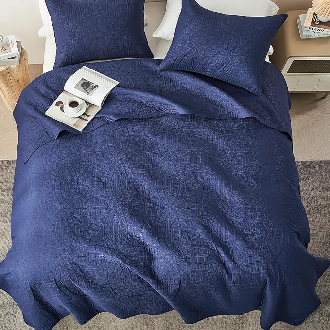 akkialla Queen Quilt Bedding Set,Navy Blue Ultrasonic Full/Queen Quilt Set,Lightweight Soft Bedspread Coverlet,Modern Style Coin Pattern Bed Cover for All Seasons,3 Piece(1 Quilt,2 Pillow Shams)