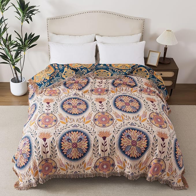 Phuryllic Boho Throw Blanket Twin Size, Soft Cozy Cotton Muslin Quilt Blanket for Bed Decor, Floral Patterned Couch Sofa Chair Cover, Vintage Farmhouse Cottage Tapestry Woven Blanket, Beige&Blue