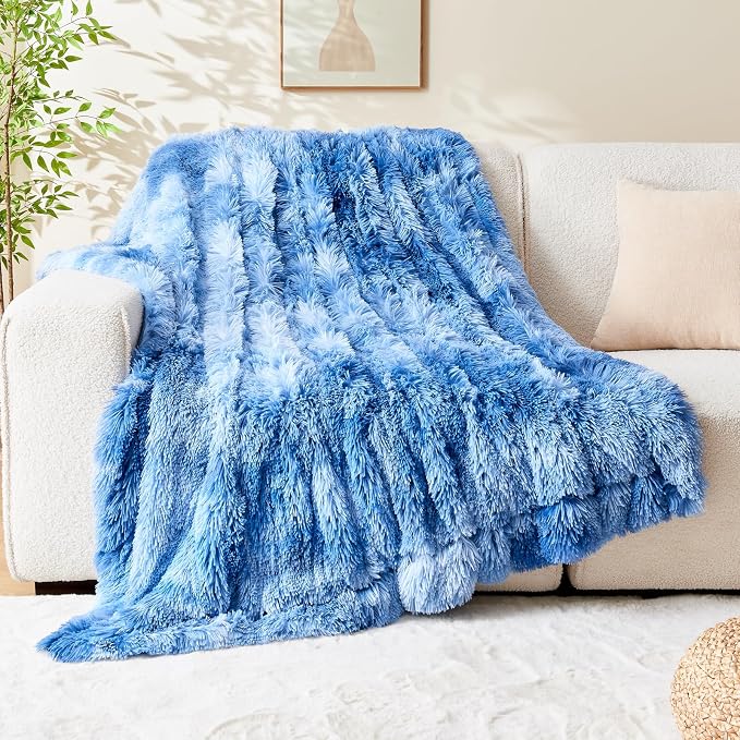 GONAAP Fuzzy Faux Fur Twin Blanket for Couch, Indigo, 60"x80" | Warm Cozy Plush Shaggy Decorative Reversible Thick Non-Heated Fleece Blanket for Sofa Bed, Gift for Women Men, All Season Use