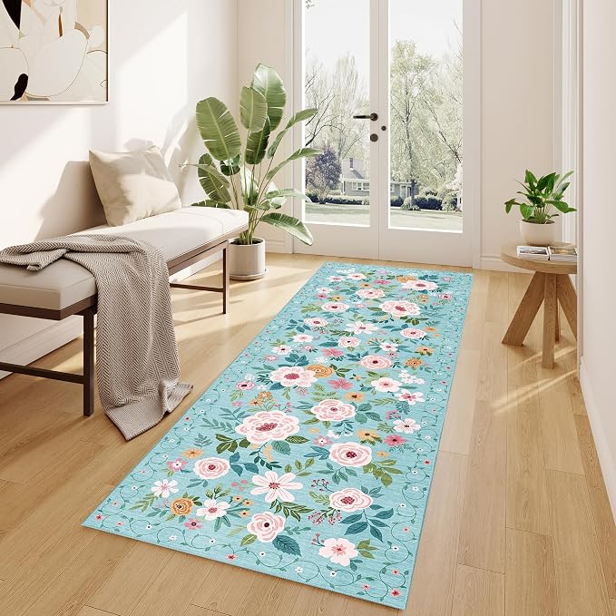 DUKINO 2.6x8 Runner Rug, Washable Runner Rug for Hallway Non Slip, Teal | Low Pile, Soft, Floral Indoor Rug for Kitchen, Entryway, Bedroom, Bathroom, Pet Friendly, Stain Resistant, Modern Home Decor