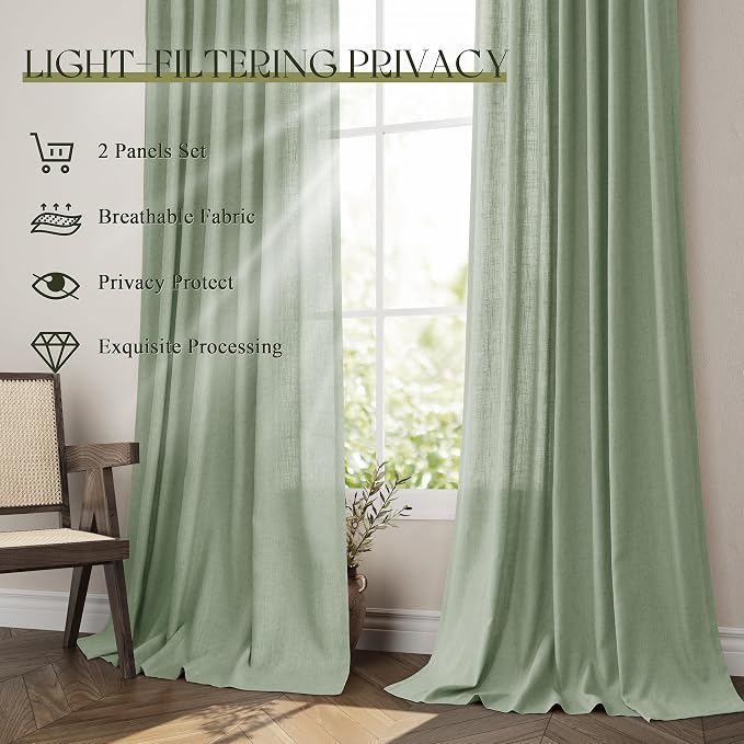 Jowels Mist Sage Linen Curtains 84 Inch Long 2 Panels for Living Room | Light Filtering Semi Sheer Curtain, Back Tab Pocket Pleated Look, Boho Farmhouse Textured Privacy Drapes for Bedroom Window