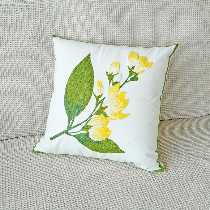 vctops Farmhouse Hibiscus Flowers Cotton Tufted Throw Pillow Cover Spring Floral Embroidery Pillowcase Soft Square Cushion Case for Sofa Couch Bed Chair (Yellow F,18"x18")