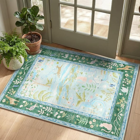 2x3 Washable Area Rug for Entryway Non Slip Safari Nursery Rug Blue Kids Room Rugs Low Pile Stain Resistant Jungle Animal Print Rugs Small Throw Mat for Living Room Bedroom Girls Room, Teal/Blue