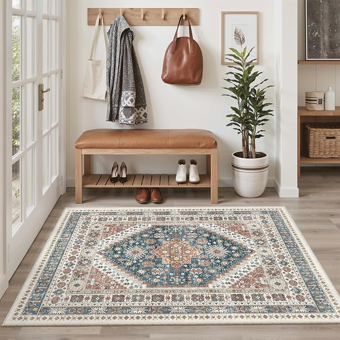 Madane Area Rug 3x5, Washable Vintage Entry Rugs for Bedroom, Navy Blue | Vintage Entryway Bedroom Non Slip Door Mat Indoor Entrance, Kitchen Runner Living Room Laundry Playroom Soft Floor Carpets