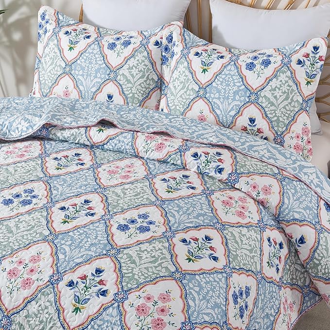 Travan 3-Piece Quilt Set Quilted Bedspread Reversible Quilted Bedding Set Garden Style Floral Printed Oversized Quilted Bedding Set with Shams for All Season, Exquisite, King Size
