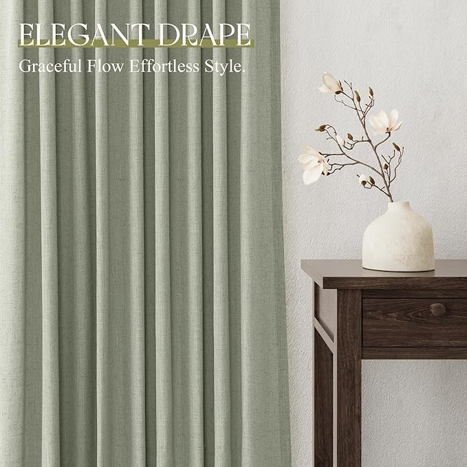 Jowels Sage Green Linen Curtains 60 Inch Long 2 Panels for Living Room | Light Filtering Semi Sheer Curtain, Back Tab Pocket Pleated Look, Boho Farmhouse Textured Privacy Drapes for Bedroom Window
