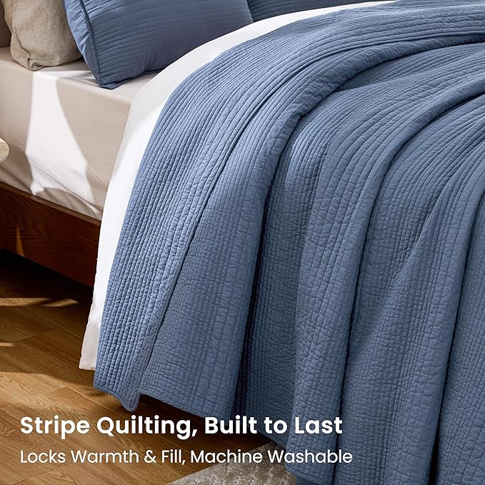 Love's cabin Queen Size Cotton Quilt Set, 100% Cotton Fabric Striped Textured Coverlet with Crinkled Look, Lightweight Quilted Bedspread for All Season, Includes 2 Pillow Shams, Bluish Grey | Lightweight