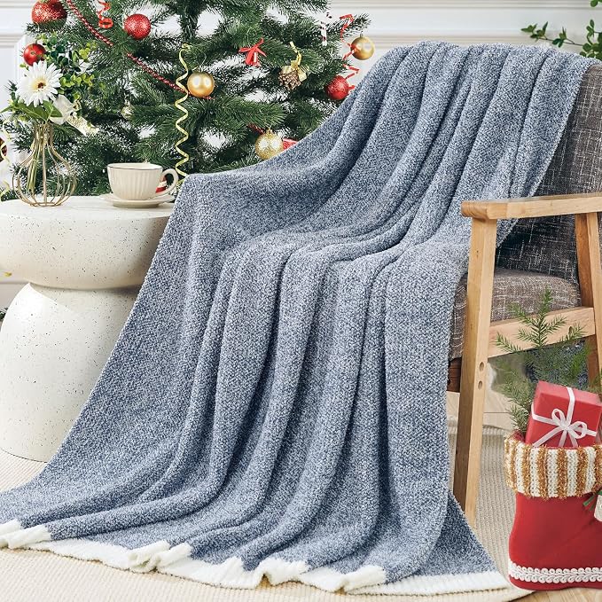 NEXHOME PRO Super Soft Throw Blankets, Cozy Warm Blankets Knit Blanket for Women, Fuzzy Plush Lightweight Throws for Couch, Sofa, Bed, Picnic, Heather Blue White, 50 x 60 inches