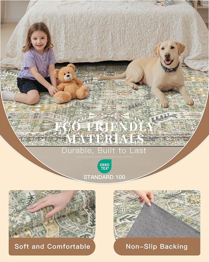 Madane Washable Runner Rug 2x6 Runners for Hallways Non Slip, Green/Gold | Vintage Stain-Resistant 6 Feet Kitchen Rug, Soft Low-Pile Ultra-Thin Floor Carpet Mat for Bathroom Laundry Room Bedroom 2x6ft