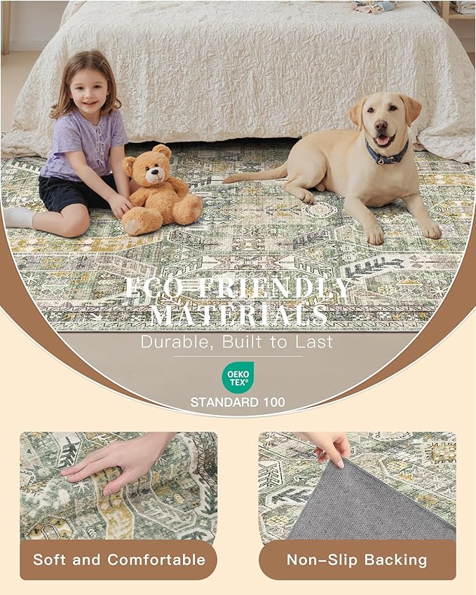 Madane Hallway Runner Rug 2x8 Washable Kitchen Rugs Non-Slip, Green/Gold | Vintage Machine Washable Low-Pile Floor Carpet 8ft, Soft Ultra-Thin Throw Entry Foyer Mat for Entrance Laundry Living Room