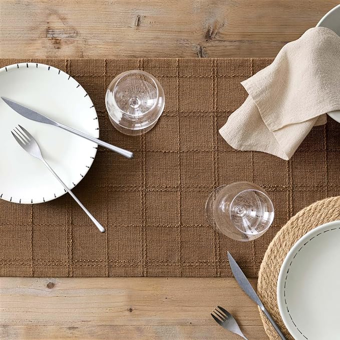 ZeeMart Linen Checked Farmhouse Table Runner, 13x36 Inches Roasted Brown | Raised Grid Design, Rich Woven Texture, Linen Blend Table Runners 36 Inches Long, Machine Washable, Boho Home Kitchen Decor