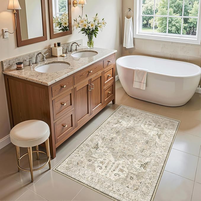 Madane Washable Area Rug 2x3 Small Entryway Rugs Non-Slip, Ivory/Brown | Vintage Stain-Resistant Door Mat Indoor Entrance, Low Pile Floor Carpet for Inside Front Bedroom Kitchen Entry Laundry, Stair