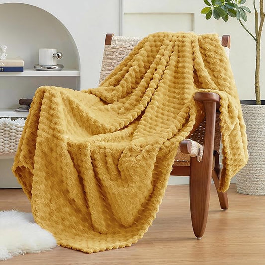 EXQ Home Gentle Soft Fleece Throw Blanket – Cozy Lightweight 3D Imitation Turtle Shell Jacquard Blanket for Couch Bed – All-Season Warm Fuzzy Flannel Blanket for Women Mom Gift(60"x80",Mustard Yellow)