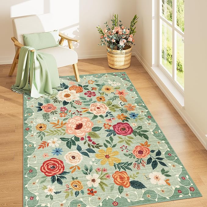 DUKINO 4x6 Area Rug, Floral Washable Rug Non Slip Office Chair Mat, Green | Low Pile, Stain Resistant, Soft Indoor Rug for Bedroom, Living Room, Dining Room, Kids Room, Pet Friendly, Modern Home Decor