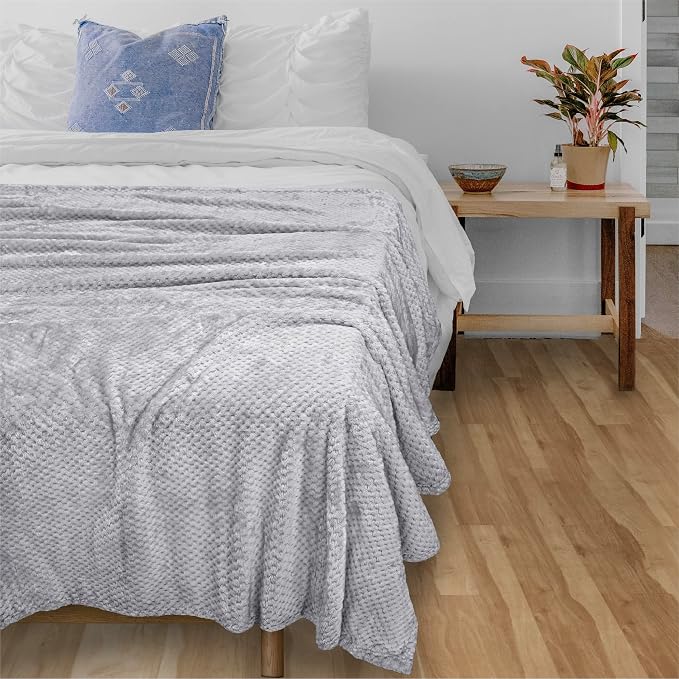PAVILIA Light Gray Fleece Throw Blanket for Couch Sofa Bed, Soft Fuzzy Waffle Jacquard Microfiber, Warm Lightweight Fade-Resistant Decorative All Season Throw, 60x80 Twin