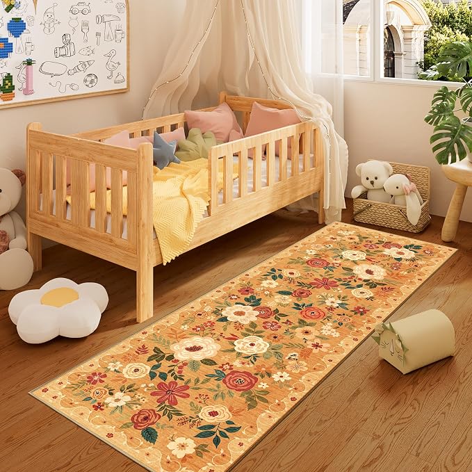 DUKINO 2.6x8 Runner Rug, Washable Runner Rug for Hallway Non Slip, Orange | Low Pile, Soft, Floral Indoor Rug for Kitchen, Entryway, Bedroom, Bathroom, Pet Friendly, Stain Resistant, Modern Home Decor