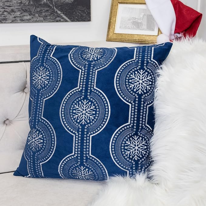 Embroidery Blue Velvet Throw Pillow Cover, Merry Christmas Series Snowflake Drop Luxury Soft Fuzzy Cozy Warm Slik Gift Square Couch Cushion Pillow Case 20 x 20 Inch, Cover Only