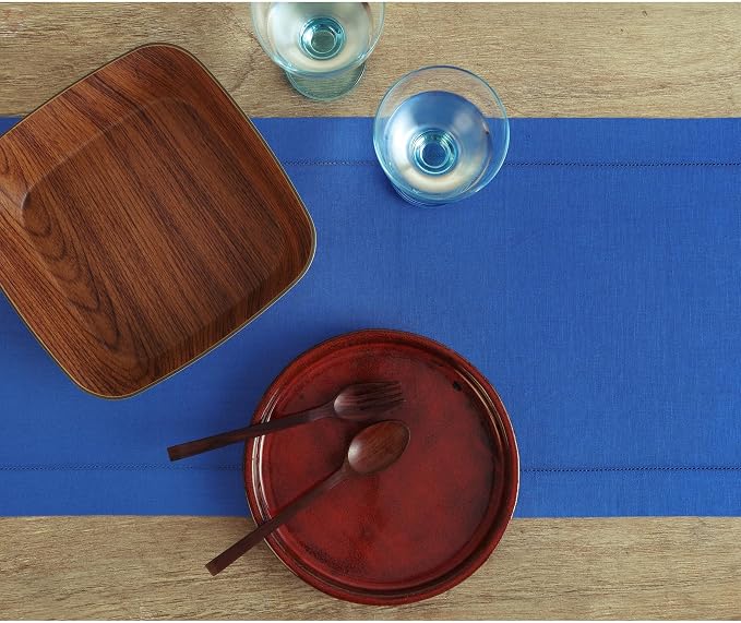 Solino Home 100% Pure Linen Table Runner Blue, Classic Hemstitch 14 x 60 in | brings a tailored look to family meals and hosting, hemstitched border, mitered corners, machine washable, OEKO-TEX Certified