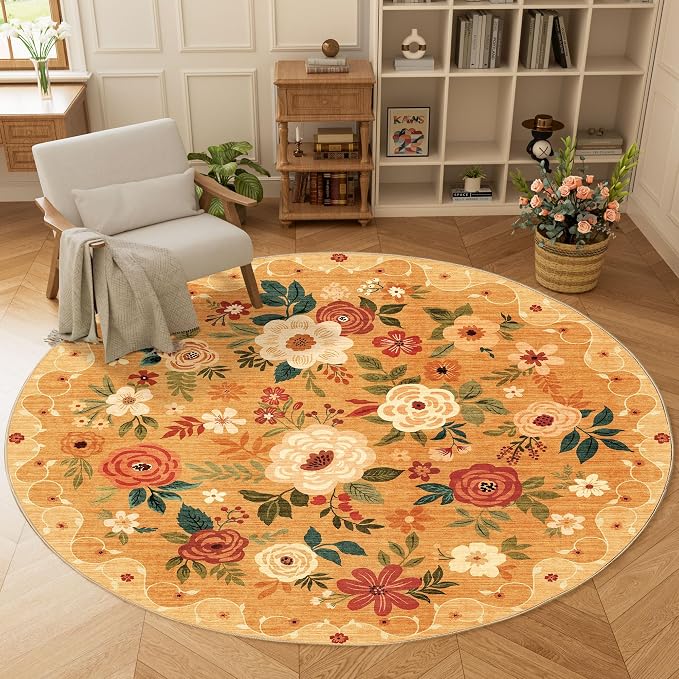 DUKINO 6ft Round Rug, Soft Washable Circle Rug for Bedroom Non Slip, Orange | Low Pile, Stain Resistant Indoor Rug for Living Room, Dining Room, Kids Room, Office, Pet Friendly, Home Decor, Non-Shedding