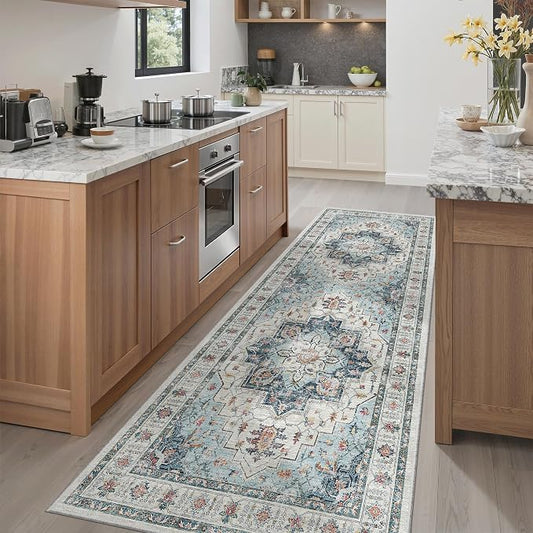 Madane Hallway Runner 3x8, Kitchen Rugs Washable Entry Rug, Blue | Vintage Non Slip Entryway Indoor Area Rugs, Soft Low-Pile Farmhouse Wide Carpet Runners for Bathroom Living Room Bedroom