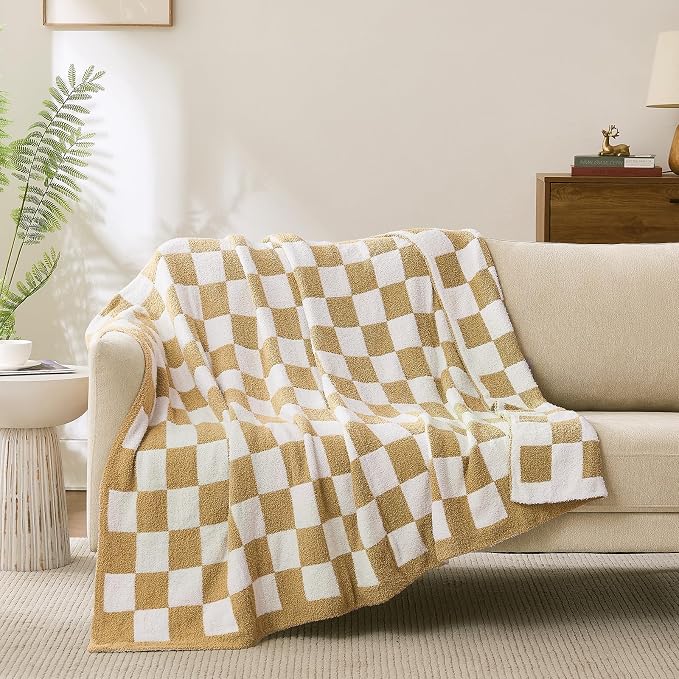 Checkered Throw Blanket for Couch, Soft Cozy Warm Knitted Blankets | Lightweight Fuzzy Travel Warm Decor for Women, Mom, Girls, Sofa, Chair, 60x80in, Khaki