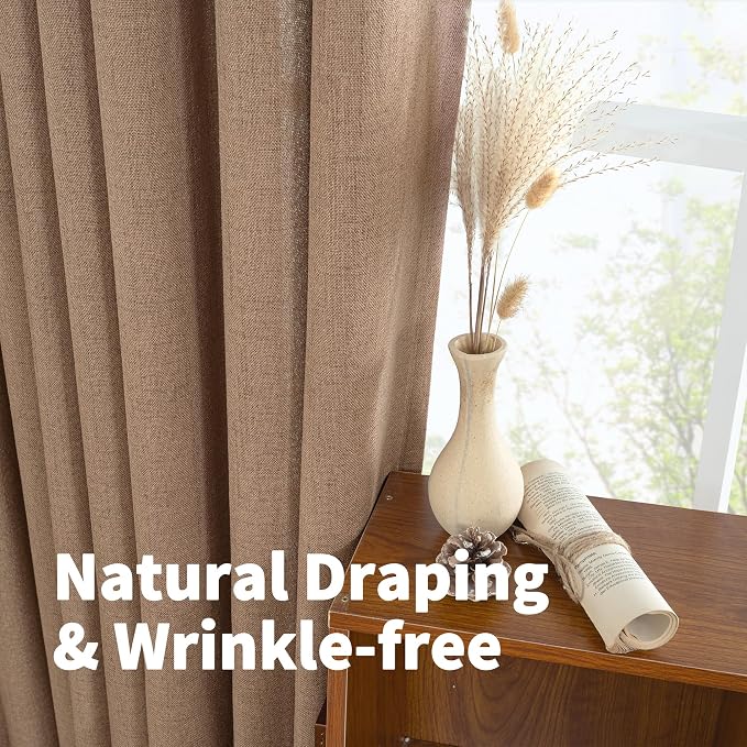 Mocha Brown Linen Semi Sheer Curtains 52 X 63 Inch Length with Grommet | Light Filtering Drapes with Grommet Privact for Short Bedroom Living Room Window, 2 Panels