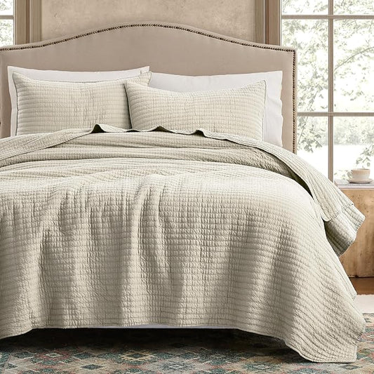 WDCOZY 100% Cotton King Size Quilt Set - Wheat Striped Pick Stitch Soft Lightweight Bedspread, Textured Like Linen, Farmhouse Country Rustic Coverlet, Shabby Chic Gauze Bedding, 3 Pieces