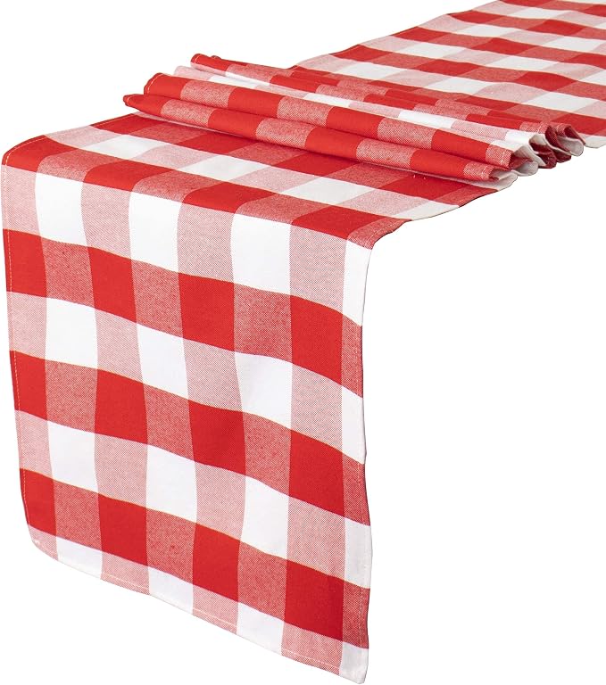 Table Runner 13''x108'' Red and White Gingham Cotton Buffalo Plaid Cover | Red White Checkered, Soft Gingham Fabric, Farmhouse Christmas Thanksgiving Dining Room Picnic Outdoor Decor, Folded Hem Cloth