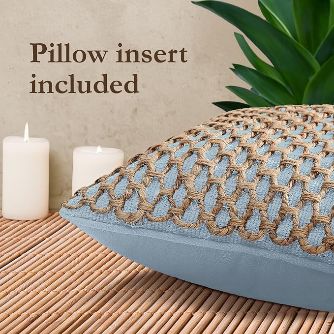 Boho Living Jada Decorative Throw, (1) 20" x 20" Pillow Cover with Insert, Light Blue