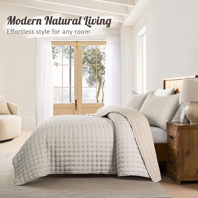 WDCOZY Beige Cloud Quilt Set Twin Size, Lightweight Soft Cross Stitch Bedspread, Textured Like Linen, Farmhouse Rustic Country Coverlet, Spring Summer Thin Comforter, 2 Pieces, 68x90 inches