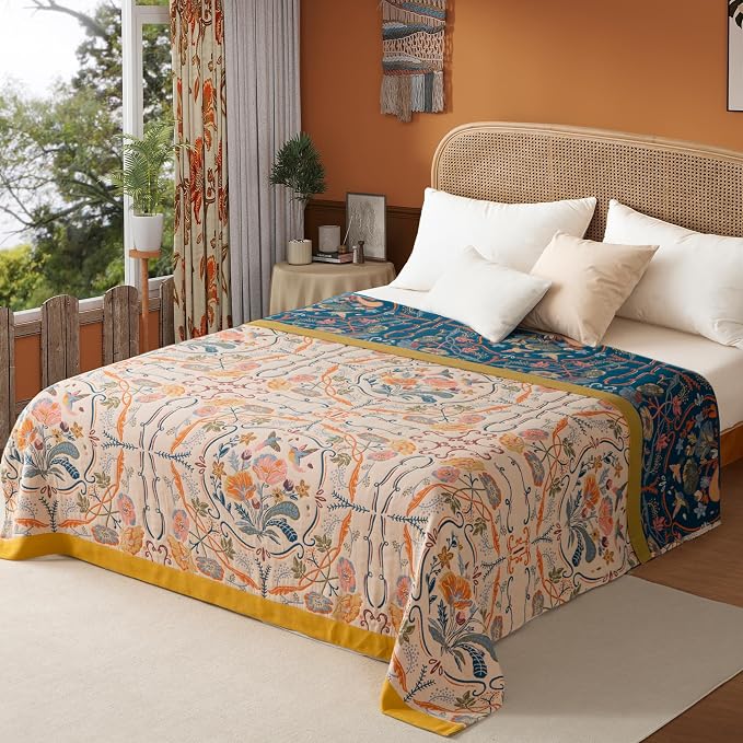 Phuryllic Boho Throw Blanket Twin Size, Soft Cozy Cotton Muslin Quilt Blanket for Bed Decor, Floral Patterned Couch Sofa Chair Cover, Vintage Farmhouse Cottage Tapestry Woven Blanket, Yellow&Blue