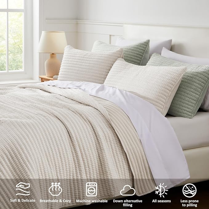 WDCOZY Beige Pick Stitch Queen Size Quilt Set, Striped Lightweight Soft Summer Spring Bedspread, Bamboo Linen Like Textured Coverlet, Chambray Farmhouse Country Rustic Bedding, Netural Thin Comforter