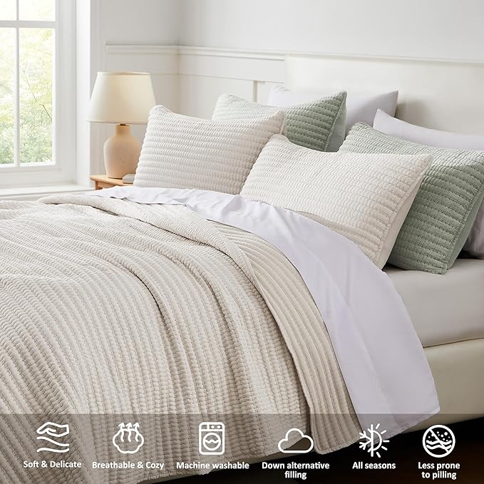 WDCOZY Beige Pick Stitch King Size Quilt Set, Striped Lightweight Soft Summer Spring Bedspread, Bamboo Linen Like Textured Coverlet, Chambray Farmhouse Country Rustic Bedding, Netural Thin Comforter
