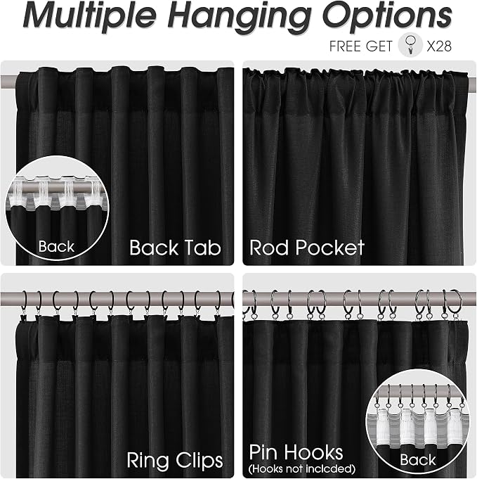 Extra Long Linen Curtains 108 Inches for Living Room Back Tab Semi Sheer High Floor to Ceiling 9ft Light Filtering Curtain Boho Farmhouse Decor Window Drapes for Bedroom 2 Panels Black