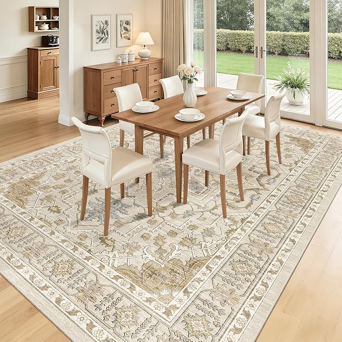 Madane 8x10 Area Rugs for Living Room, Non-Slip Washable Rug, Beige/Blue | Ultra-Thin Stain Resistant Vintage Large 8'X10' Carpet, Low-Pile Floor Mat For Bedroom Dining Room Office Home Decor