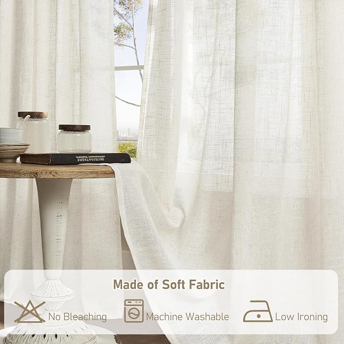 102 inch Long Natural Linen Curtains for Living Room 2 Panels | Cream Ivory, Light Filtering Semi Sheer Panels, Long, Boho, Curtains for Bedroom, Farmhouse, Bronze Grommet, 52 x 102 Inch