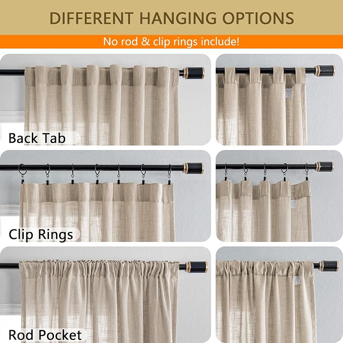 MYSKY HOME Boho Curtains Farmhouse Living Room Curtain Drapes, Light Filtering Semi Soft Cotton Blend Sheer Window Treatments for Sliding Glass Door Doorways, 100" x 90", Light Oatmeal, Set of 1