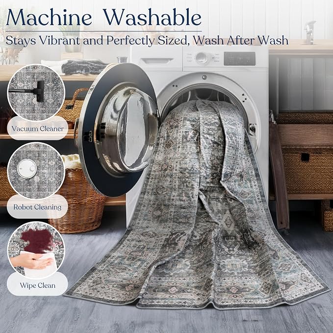Machine Washable Area Rug, Soft & Durable, Non-Slip, Stain Resistant Rug for Bedroom, Living Room, Dining Room, High Traffic Areas. (Grey, 2.5' X 10')