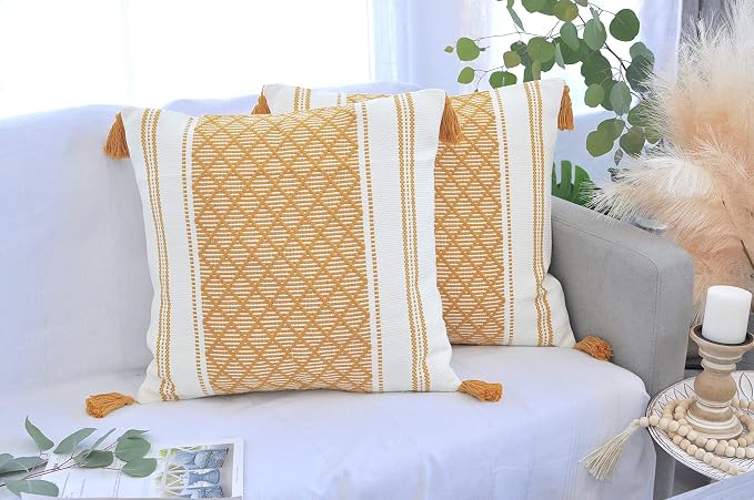 Boho Throw Pillow Covers with Tassels Mustard Yellow and White 18x18 inch -Set of 2 / Decorative Square Pillow Covers for Couch, Sofa/Farmhouse Woven Pillow Cases/Accent Cushion Covers
