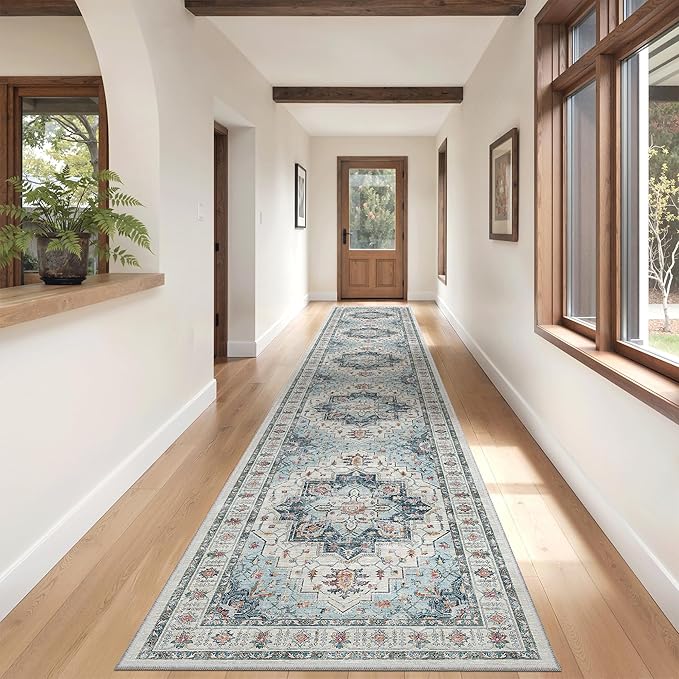 Madane Hallway Runner Rug 2'6''x14' Kitchen Runners Vintage, Blue | Long Non-Slip Washable Rugs 14ft for Laundry Room, Entryway and Bedroom, Soft Low Pile Stain-Resistant 2.5x14 Ft Floor Carpet