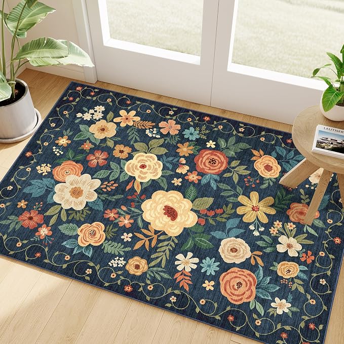 DUKINO 2x3 Entryway Rug, Door Mat Soft Washable Rug Non Slip, Navy Blue | Low Pile, Non-Shedding, Floral Small Rug for Kitchen, Entrance, Bedroom, Bathroom, Pet Friendly, Stain Resistant, Home Decor