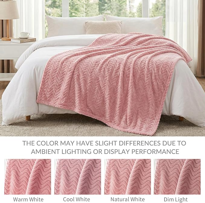 Exclusivo Mezcla Soft Fleece Blanket King Size for Bed, Sofa, Pink | 90"x104" Breathable Lightweight Flannel Blanket for Summer, Plush Cozy Jacquard Wave for Home Decor