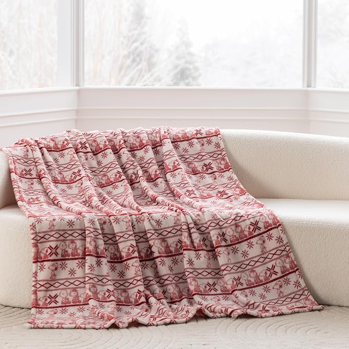 Berkshire Peanuts® VelvetLoft® Cute Character Snoopy Plush Throw Blanket,Cozy Fairisle Crimson Neutral,Throw 55 in x 70 in (Official Peanuts® Product)