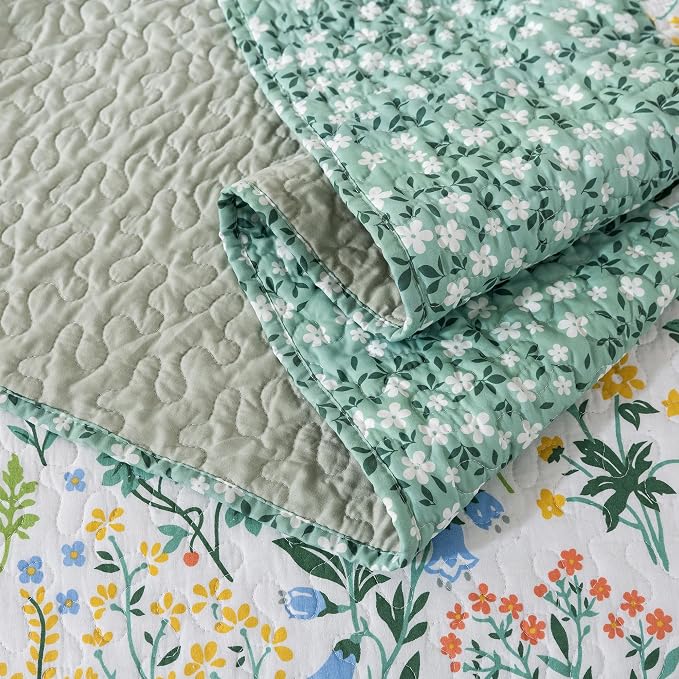 NEWLAKE Cotton Bedspread Quilt Sets-Reversible Patchwork Coverlet Set, Green Classic Floral Pattern, California King Size