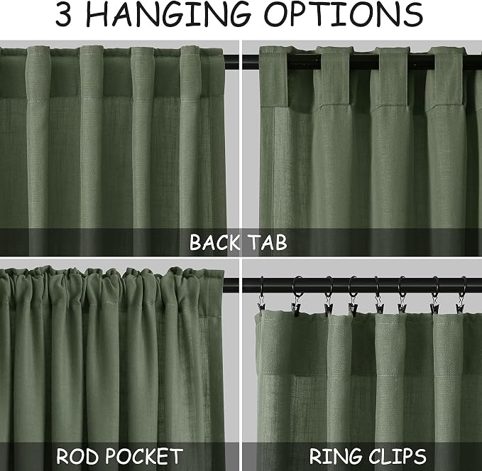 Olive Green Linen Curtains for Living Room 2 Panels Set 95 Inch Length Back Tab Light Filtering Semi Sheer Curtain Drapes for Bedroom 52x95