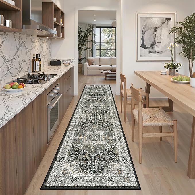 Madane Hallway Runner Rug 2x8 Washable Kitchen Rugs, Grey Green/Black Olive | Vintage Machine Washable Low-Pile Floor Carpet 8ft, Soft Non Slip Throw Entry Foyer Mat for Entrance Laundry Living Room