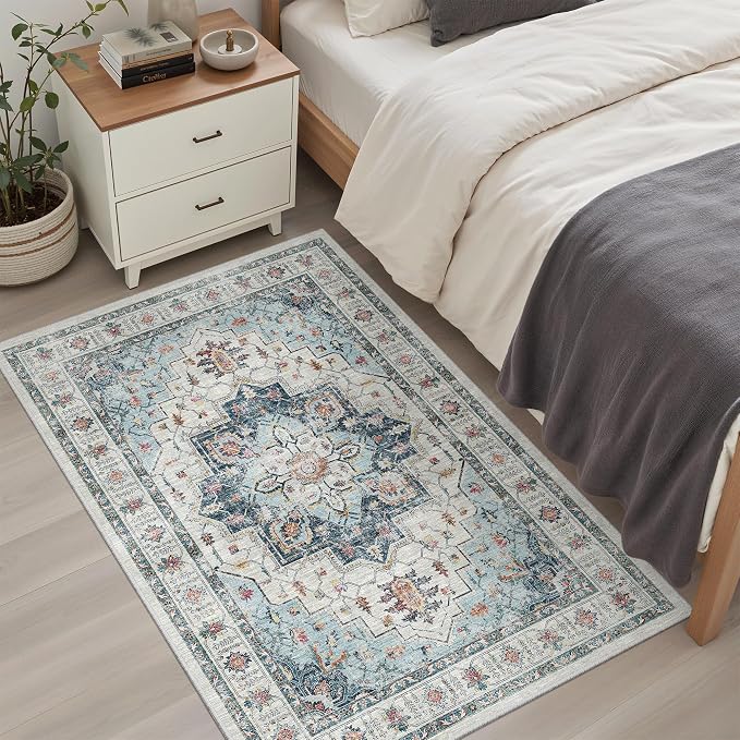Madane Washable Entry Rug 3x4 Area Rugs for Entryway Kitchen, Blue | Vintage Printed Door Mat Indoor Entrance, Low-Pile Floor Carpet Runner for Inside Front Bedroom Kitchen Entry Laundry, Stair