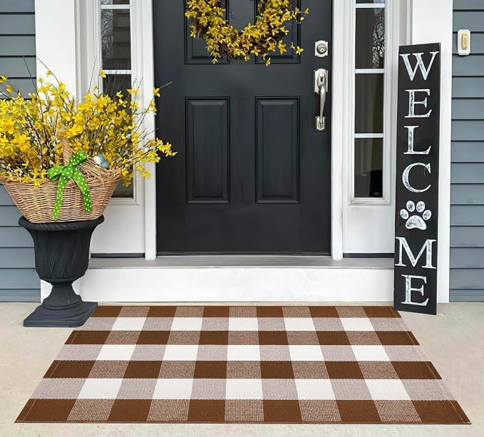 Coffee and White Outdoor Rug 27.5''x 43.3''Buffalo Plaid Layered Doormat Woven Machine Washable Farmhouse Door Mats Outdoor for Hello/Welcome Mat,Entryway,Bedroom,Patio